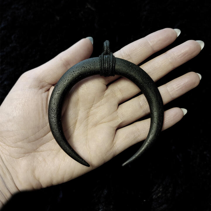Large matte black resin sharp crescent moon pendant on black cord