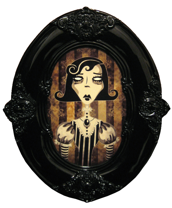 An illustration of a spooky Victorian woman with whited-out eyes, wearing fancy Victorian clothes with frills and stripes and a large pendant, on a striped wallpaper backdrop, framed in a black high-gloss oval Victorian picture frame