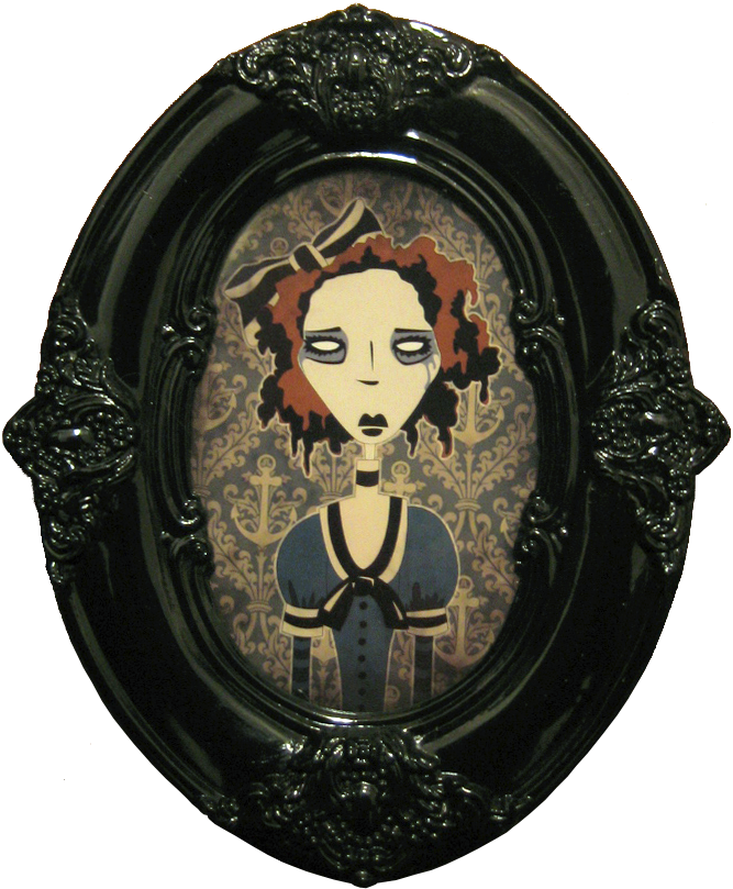 An illustration of a pale, ghostly Victorian woman with soggy hair, wearing a fancy Victorian sailor outfit with puff sleeves and stripes, on a blue damask wallpaper backdrop, framed in a black high-gloss oval Victorian picture frame