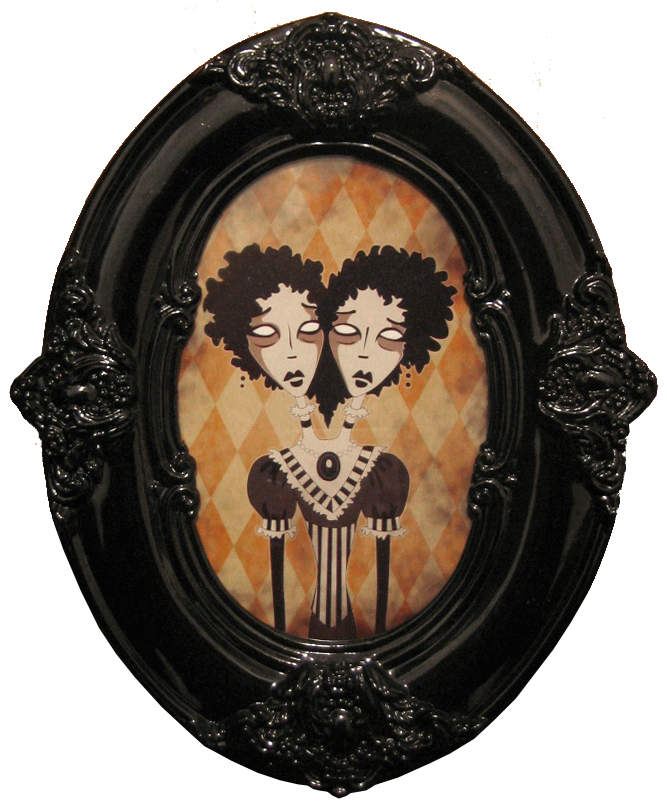 An illustration of a spooky Victorian woman with two heads, wearing fancy Victorian clothes with frills and stripes and a large pendant, on a harlequin diamond backdrop, framed in a black high-gloss oval Victorian picture frame