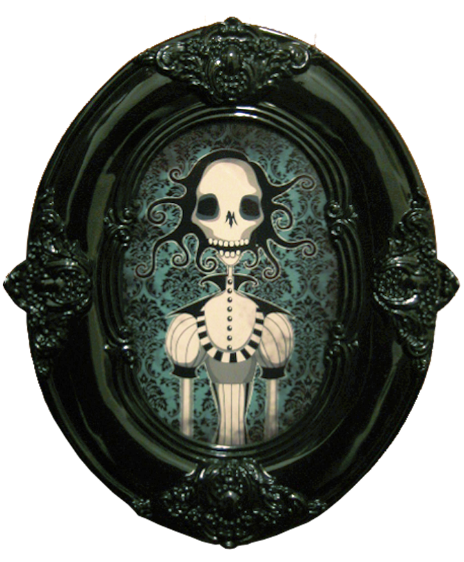An illustration of a spooky Victorian woman with a skull for a face, wearing fancy Victorian clothes with frills and stripes, on a blue damask wallpaper backdrop, framed in a black high-gloss oval Victorian picture frame