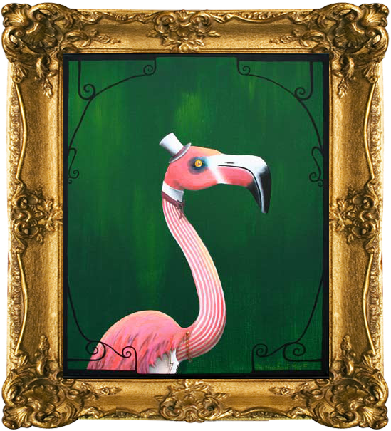 Whimsical painting of a pink flamingo in dapper attire - a tiny white top hat, striped pink and white collared shirt, and pink feather cape, standing against a green background, in an ornate gold frame
