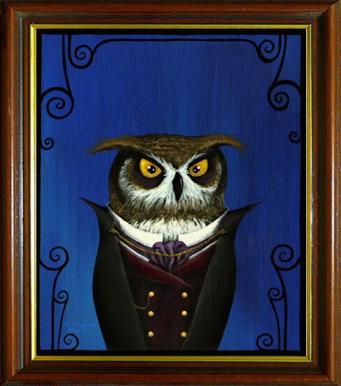 Sinister portrait of a spooky brown horned owl with golden eyes and a vampiric gaze, wearing a dark, sharp collared coat with a burgundy velvet vest, against a blue background.