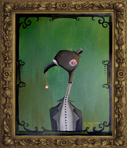 Quirky painting of a small wonky purple-gray pigeon wearing a button up shirt and suit jacket, holding a small pocket watch in his beak and wearing a tiny top hat, standing against a green background in an ornate gold frame