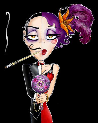 A brightly colored illustration of a circus performer, painted down the middle to be a purple haired woman in a red dress on one side, and a raven haired gentleman on the left, with a long cigarette holder and an ornate mirror in their hands.
