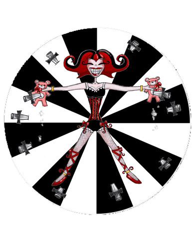 A brightly colored illustration of a circus performer - a woman with red and black striped hair, tied to a large black and white striped spinning wheel, holding pink teddybears while daggers are thrown all around her