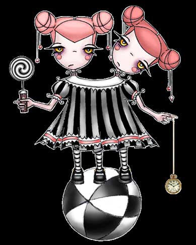 A brightly colored illustration of a circus performer - a two headed girl with pink hair in buns, wearing a black and grey striped dress and balancing atop a black and white checkered ball, holding a pocket watch and a spinning mesmerizing disk in their ha