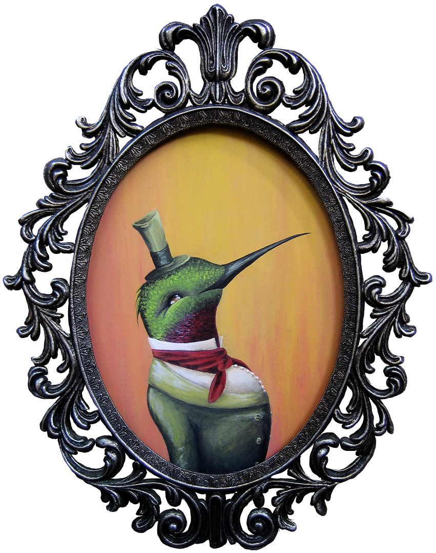 Whimsical Victorian-style painting of a small dandy green hummingbird wearing a green suit and a very tall hat, framed in an ornate oval frame.