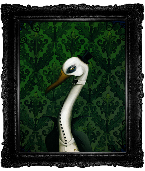 Gothic portrait of a sinister tall white heron wearing a tall button up collar and stiff collared suit jacket and top hat, standing against a deep green botanical wallpaper background.
