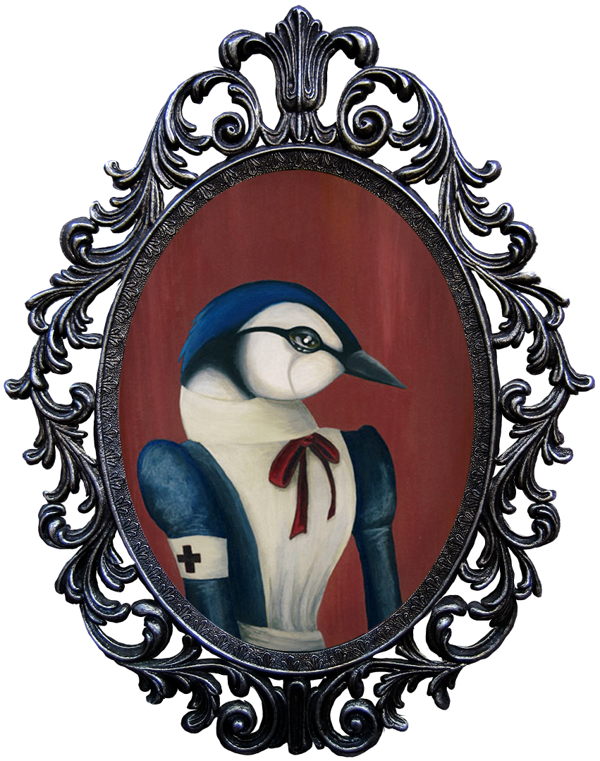 Charming painting of a sad bluebird with a tearstained cheek, wearing a vintage nurses uniform, in an ornate oval frame.