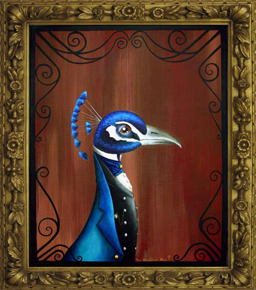 Portrait of a blue peacock dressed in a fine suit and vest, set against a warm brown background in an ornate gold frame.