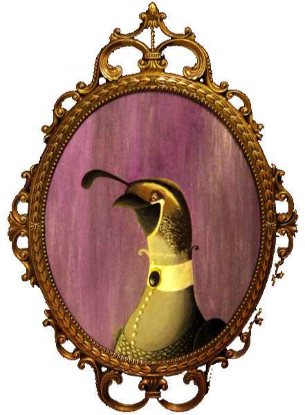 Spooky uplit Victorian-style painting of a quail wearing a collared button up dress with a jeweled brooch, in an ornate oval frame.