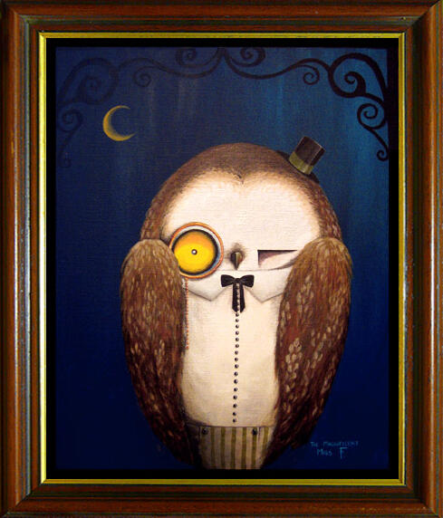 Whimsical Victorian-style portrait of a round white barn owl with speckled wings, a button up shirt with a collar and bowtie, and a monacle, against a deep blue night sky