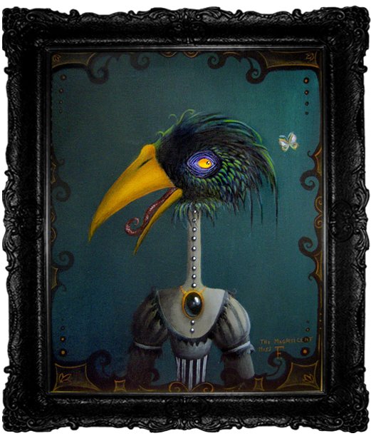 Gothic portrait of a quirky Victorian magpie with a bright yellow beak and green-black plumage, wearing a grey collared dress with striped puff sleeves and a large black brooch.