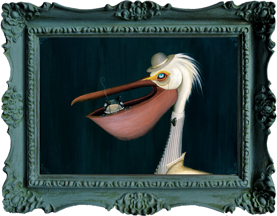 Victorian-style painting of a white pelican mobster with a monocle and a tall striped collar, bow tie, and cream jacket, holding his little partner in crime - Jimmy The Fish, in his enormous bill, against a dark teal background.