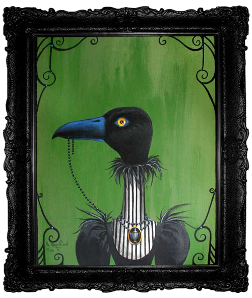 Victorian-Gothic portrait of a black raven with a bright blue beak, wearing a black-and-white striped collared dress with black puff sleeves and a brooch depicting an urn, against a green background.