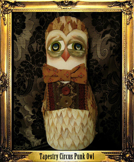 Old fashioned circus punk knock-down doll in the shape of an owl in a vest and bowtie made out of vintage patchwork tapestry