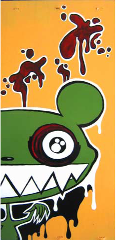 Wide eyed green mouse-like creature with sharp teeth in an urban style with dripping splatters of paint