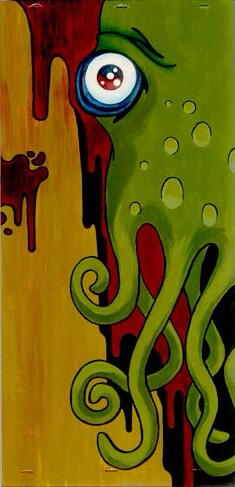 Wide eyed green octopus-like creature in an urban style with dripping splatters of paint