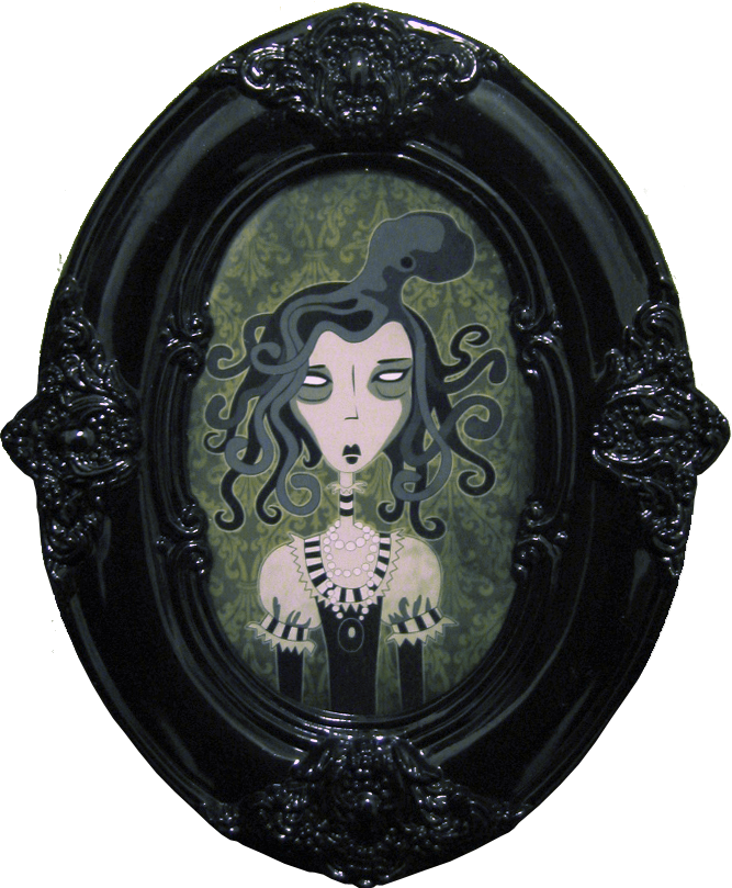 An illustration of a spooky Victorian woman with an octopus in her hair, wearing a fancy Victorian outfit with puff sleeves, pearls, and stripes, on a greenish damask wallpaper backdrop, framed in a black high-gloss oval Victorian picture frame