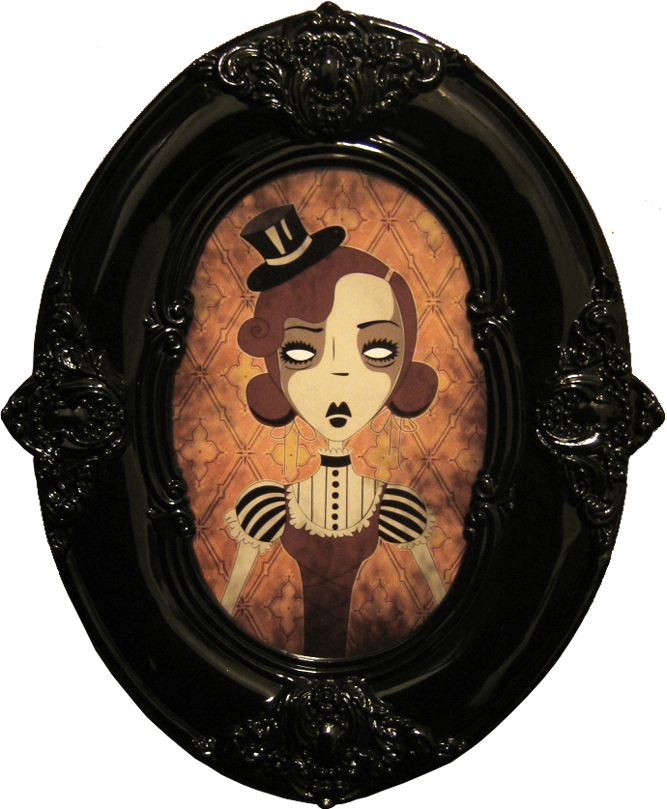 An illustration of a ghostly Victorian woman with a tiny top hat fascinator, wearing fancy Victorian clothes with frills, puffed sleeves and stripes, on a diamond wallpaper backdrop, framed in a black high-gloss oval Victorian picture frame