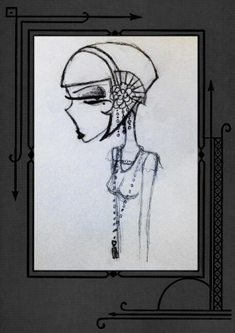 Sketch of a flapper with a cropped bob and ornate hair jewelry