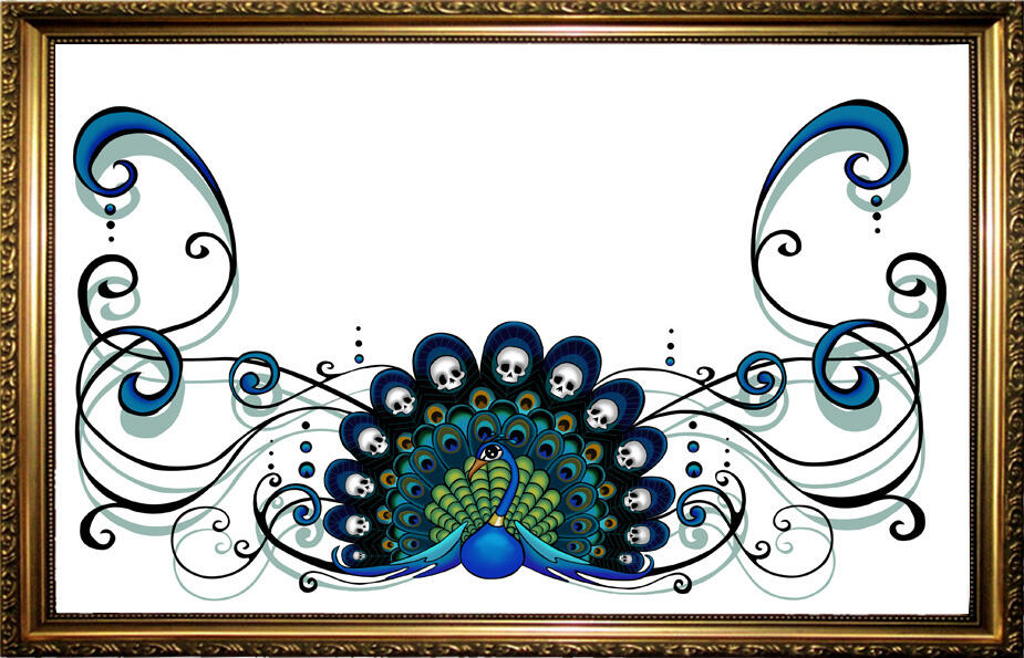 A peacock in shades of blue green and aqua with skulls adorning its spread wide tail and ethereal curving feathers in a somewhat Art nouveau style extending from its sides and framing it