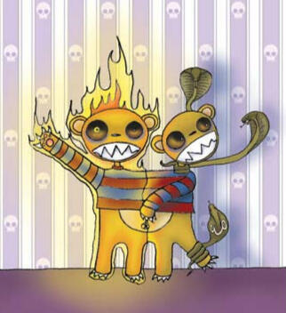 Darkly humorous illustration of conjoined teddy bear brothers surrounded by flames and threatening snakes.