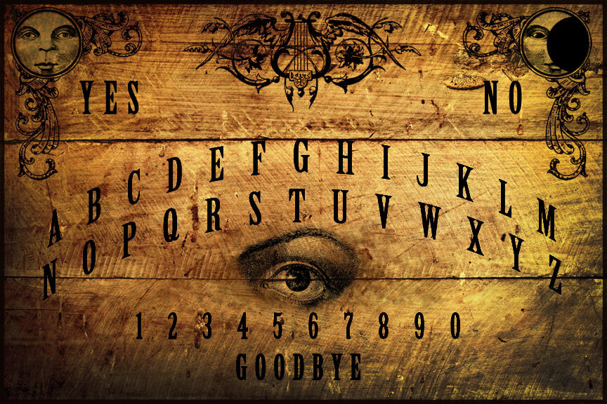 A Ouija board with a vintage eye illustration in the center and a Sun and Moon in the corners