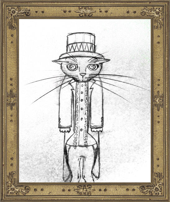 Whimsical sketch of a formally dressed cat pretending to be a human, wearing a hat and tailed jacket without trousers.