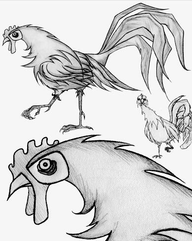 Whimsical sketch of a rooster with a dramatically menacing expression.